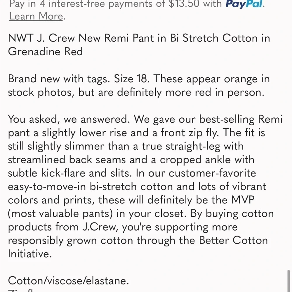 NWT J. Crew New Remi Pant in Bi Stretch Cotton in Grenadine Red